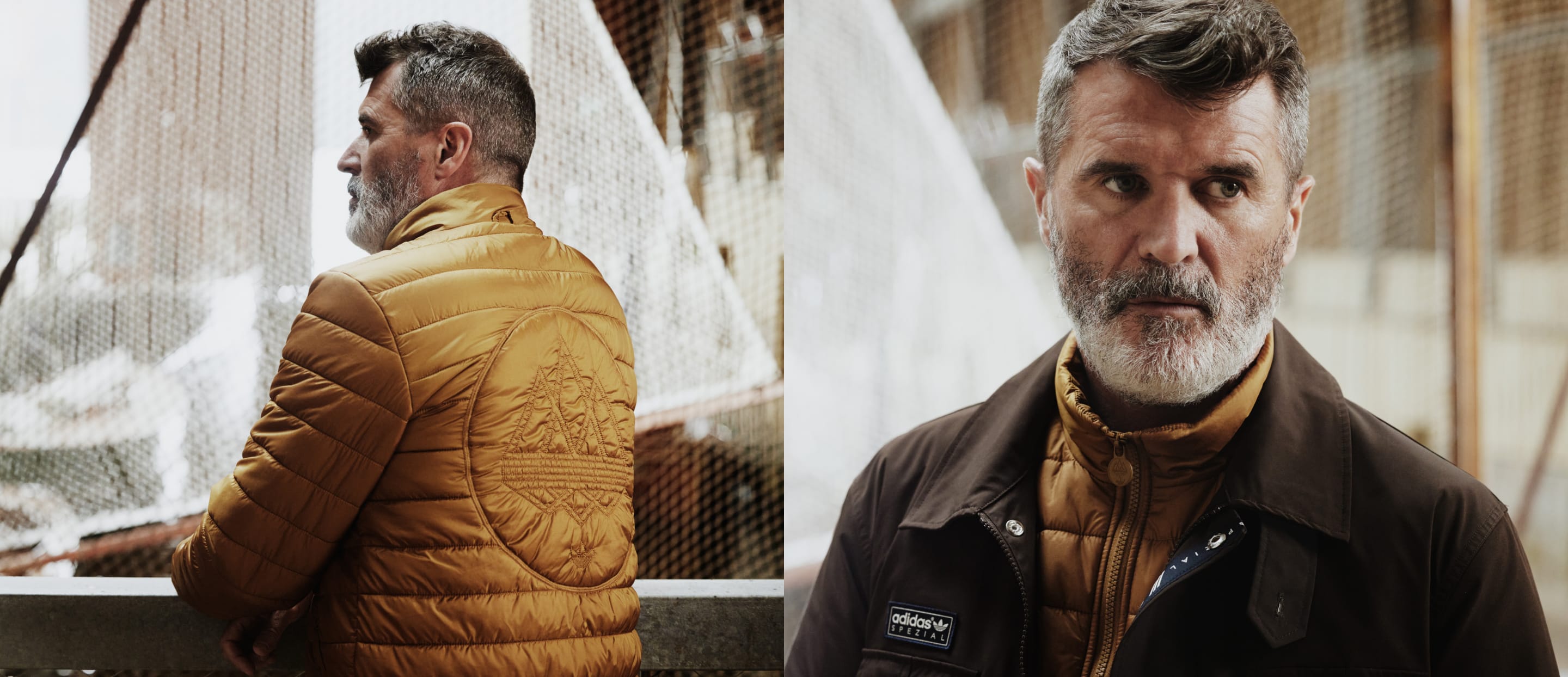 Roy Keane looking out of a window in a yellow adidas Spezial puffer jacket and staring off to the side in a brown Spezial jacket.