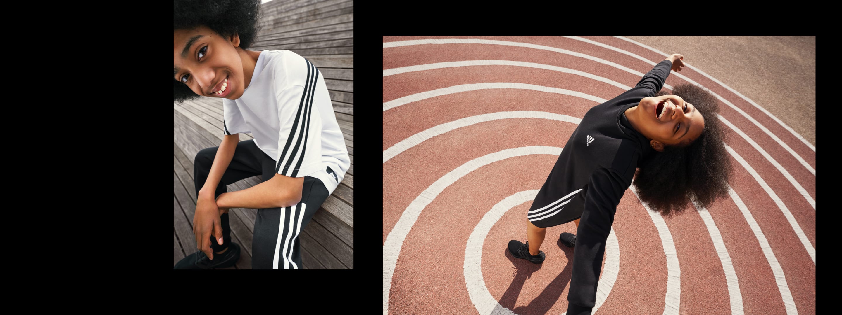 Two children wearing adidas clothing with the iconic three stripes.