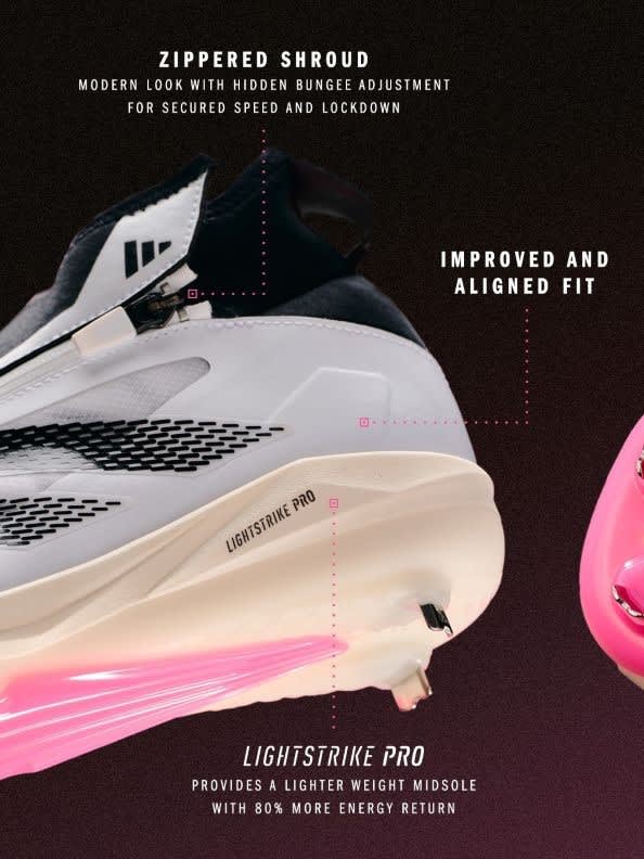 The image showcases a modern, sleek-looking athletic shoe with a zippered shroud, highlighting its improved and aligned fit for secured speed and lockdown.