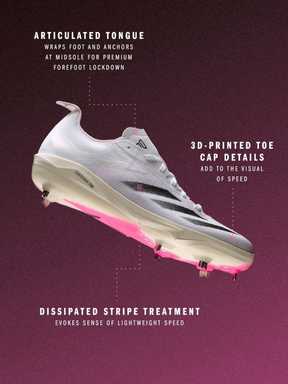 The image showcases a white athletic shoe with various technical features highlighted, including an articulated tongue, 3D-printed toe cap details, and a dissipated stripe treatment that enhances visual speed.