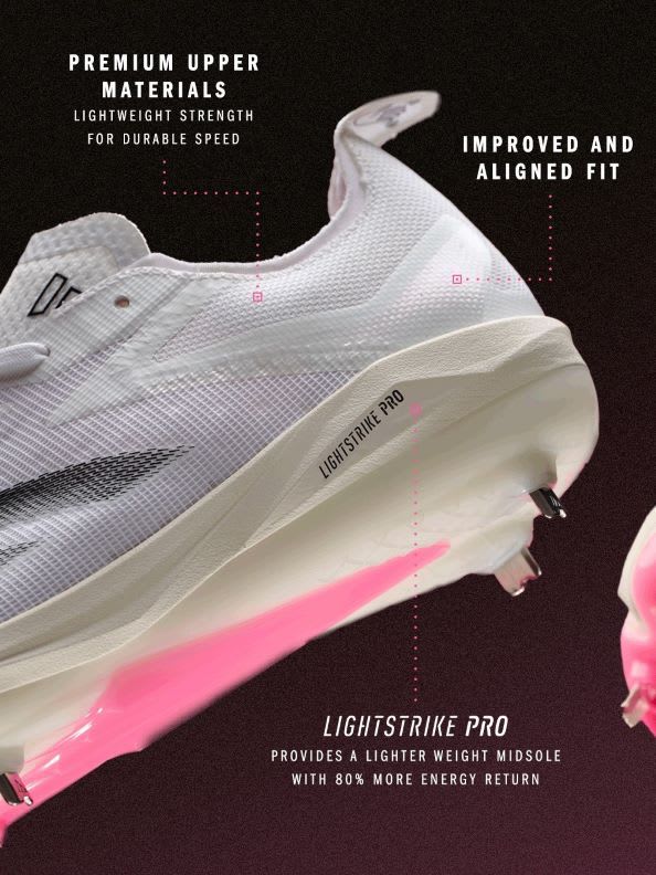 The image shows a close-up view of a white and pink athletic shoe, with text highlighting its "lightweight strength" and "improved and aligned fit" features.