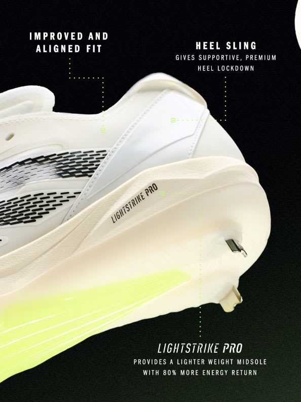 The image shows a close-up view of a white and yellow athletic shoe, highlighting its improved and aligned fit as well as its heel sling for supportive, premium heel lockdown.