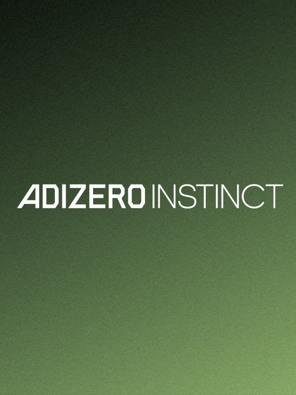 The image displays the text "ADIZERO INSTINCT" against a dark green background.