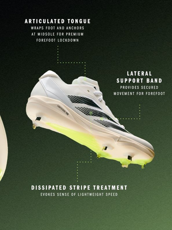 The image shows a white and yellow athletic shoe with various labeled features, including an "Articulated Tongue" and "Dissipated Stripe Treatment", against a dark green background.