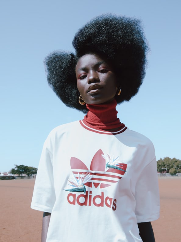 Model wears adidas THEBE MAGUGU collection
