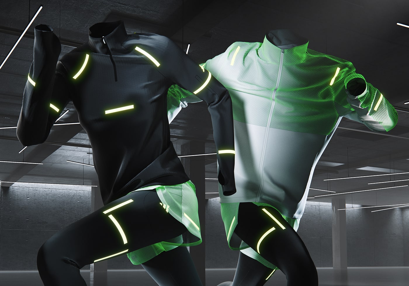 Running tights, T-Shirts and jackets with reflective elements in movement in a conceptual dark space.
