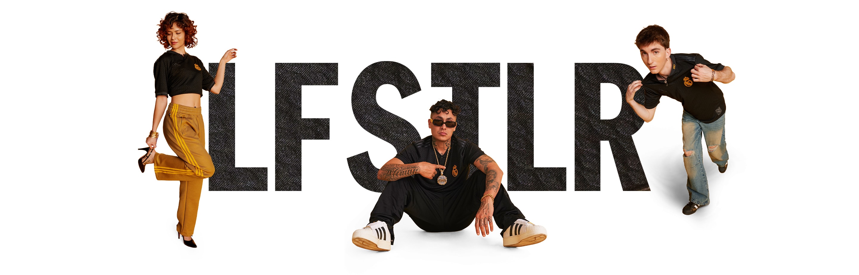 Group of three male and female influencers wearing the new Real Madrid LFTSLR collection.
