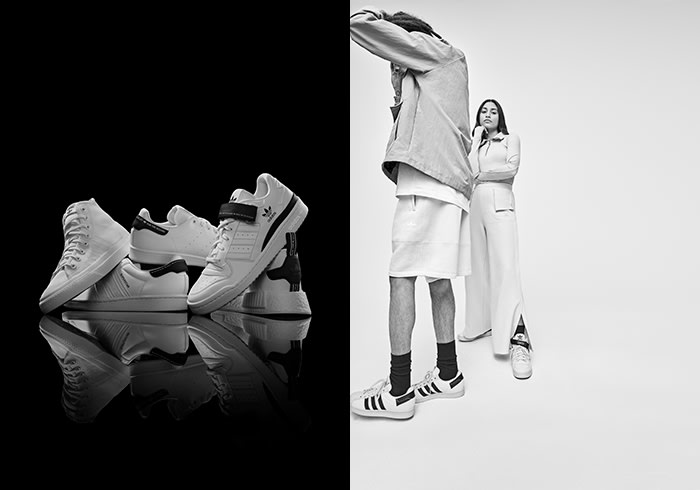 adidas Originals by Parley shoes on a black background. Man and woman posing together on a white background.