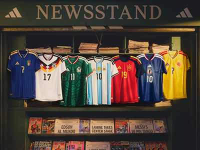 Exhibición de varias camisetas de la selección nacional de fútbol en un quiosco, con carteles y revistas con jugadores de fútbol de fondo.