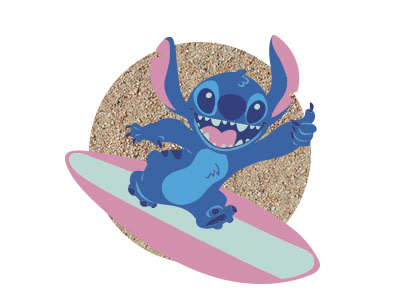 A blue, cartoon-like creature with large eyes and ears is surfing on a pink surfboard against a circular, sandy-colored background.