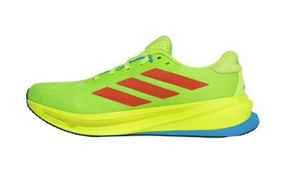 A bright green and yellow athletic shoe with red accents, set against a plain white background.