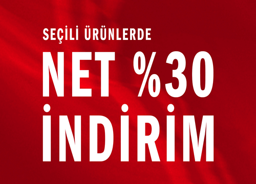 The image displays a red background with white text that reads "Seçili ürünlerde NET %30 İNDİRİM", which translates to "30% NET discount on selected products".