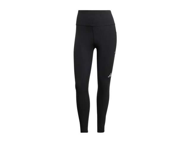 A pair of black athletic leggings with a simple design and a plain background.