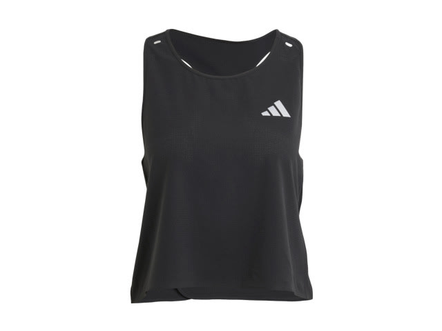 A black athletic tank top with the Adidas logo on the front, against a plain white background.