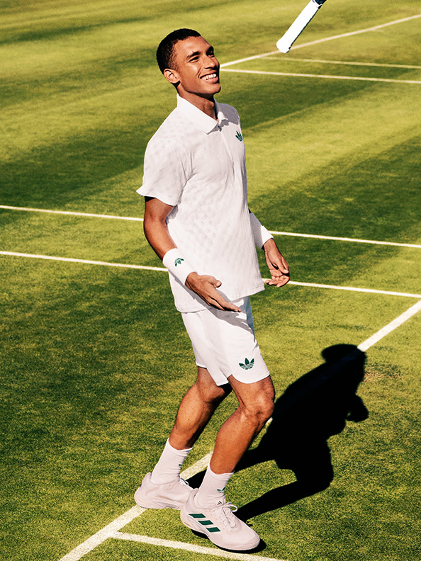 A group of photos showing, in order, tennis players Wang Xinyu, Jakub Mensik, Elina Svitolina and Stefanos Tsitsipas. They're all wearing the London Originals Collection.