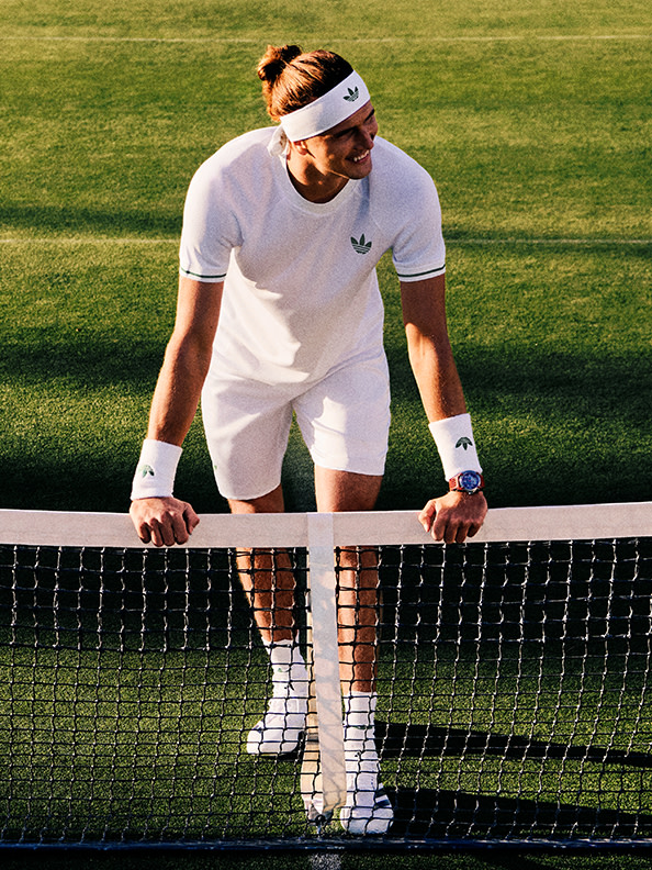 A group of photos showing, in order, tennis players Wang Xinyu, Jakub Mensik, Elina Svitolina and Stefanos Tsitsipas. They're all wearing the London Originals Collection.