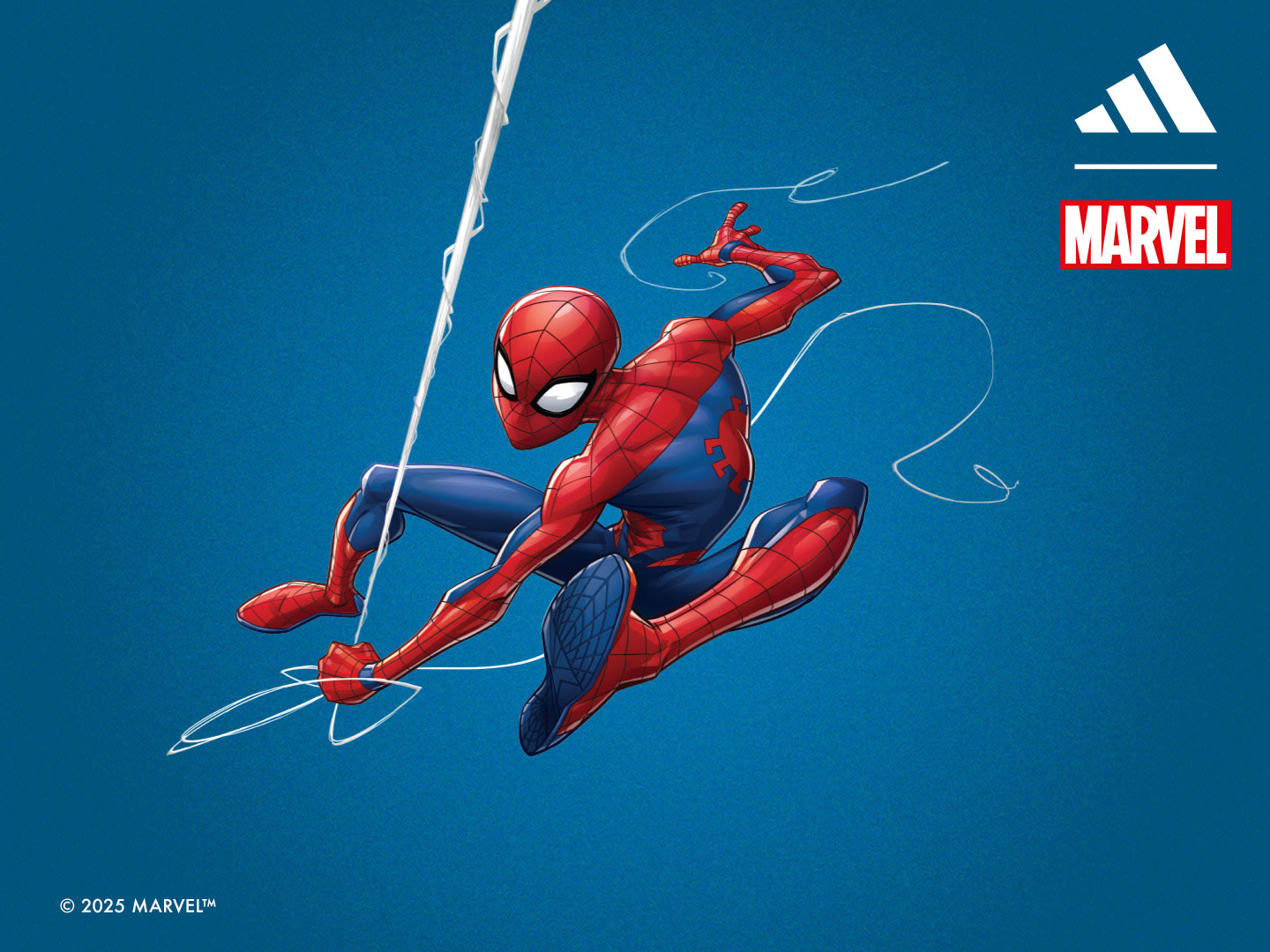 A vibrant red-and-blue-clad superhero, likely Spider-Man, is depicted in mid-action against a bold blue background with the Marvel logo prominently displayed.