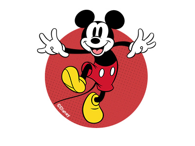 A cheerful and iconic cartoon character with large round ears, a red suit, and yellow shoes is shown against a red oval background.