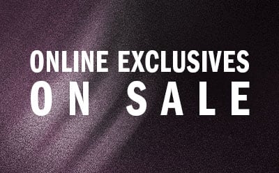 The image displays the text "ONLINE EXCLUSIVES ON SALE" against a dark purple or burgundy background.