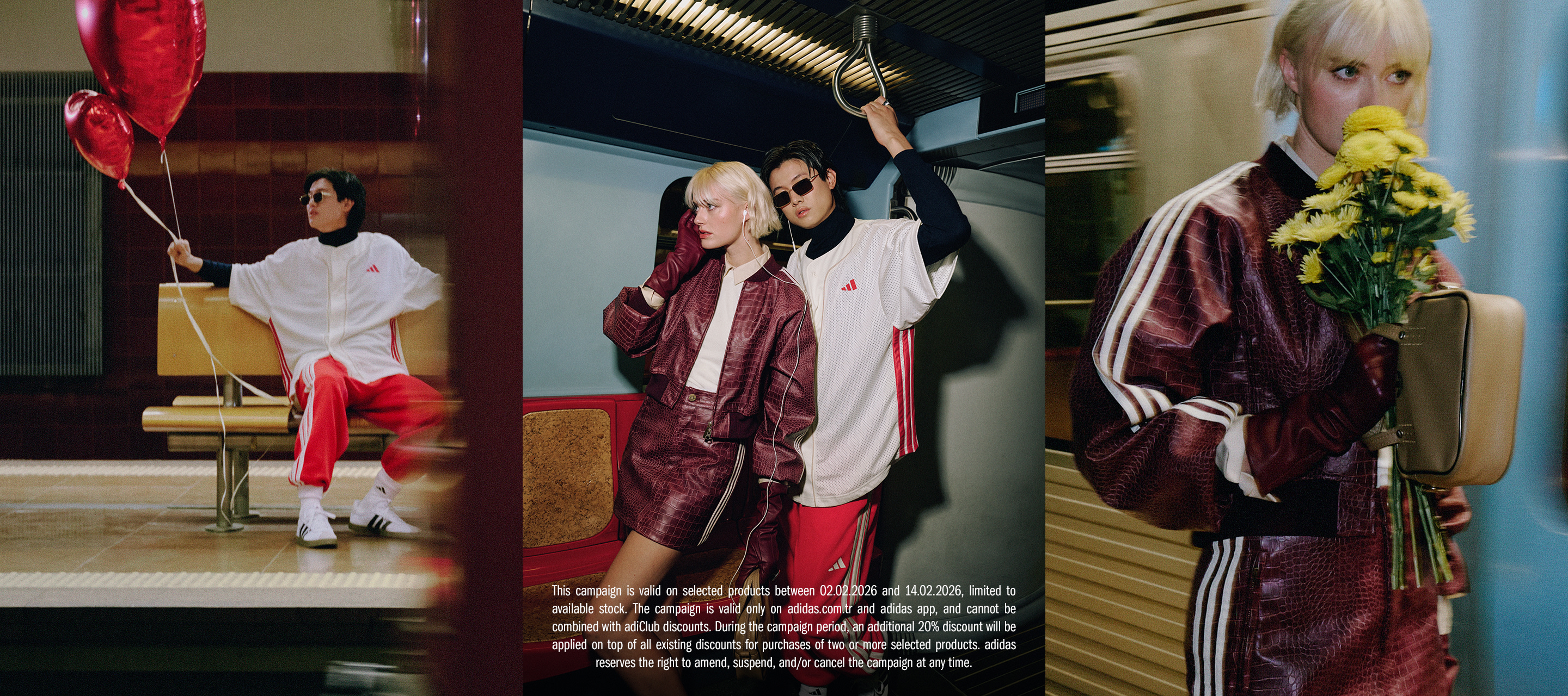 The image depicts three individuals wearing stylish, burgundy-colored outfits, posing in what appears to be a performance or fashion-related setting, with a red curtain and other theatrical elements visible in the background.