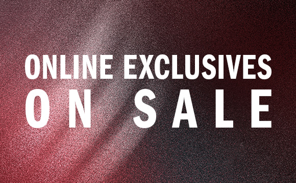 The image displays the text "ONLINE EXCLUSIVES ON SALE" against a burgundy-colored background.