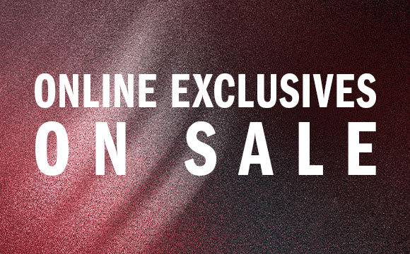 The image displays the text "ONLINE EXCLUSIVES ON SALE" against a burgundy-colored background.