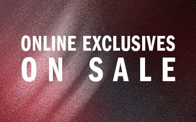 The image displays the text "ONLINE EXCLUSIVES ON SALE" against a burgundy or maroon-colored background.