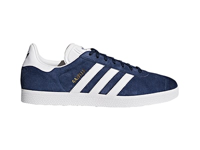 A pair of navy blue and white Adidas Gazelle sneakers with the iconic three-stripe design on a plain white background.