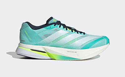 The image depicts a pair of vibrant, teal-colored athletic shoes with a distinctive platform sole and contrasting black and neon green accents. The shoes appear to be designed for high-performance activities, with a sleek and modern aesthetic.