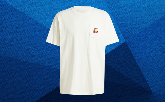 A white t-shirt with a logo on a vibrant blue background.