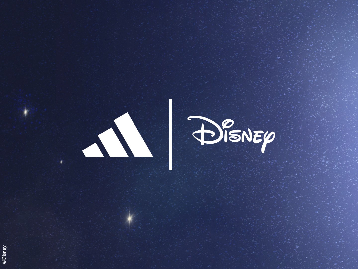 The image displays the Adidas and Disney logos side by side against a dark, starry background.