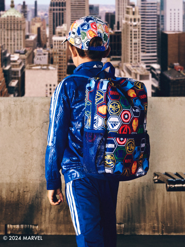 Back of child wearing backpack and hat wearing adidas | Avengers collection