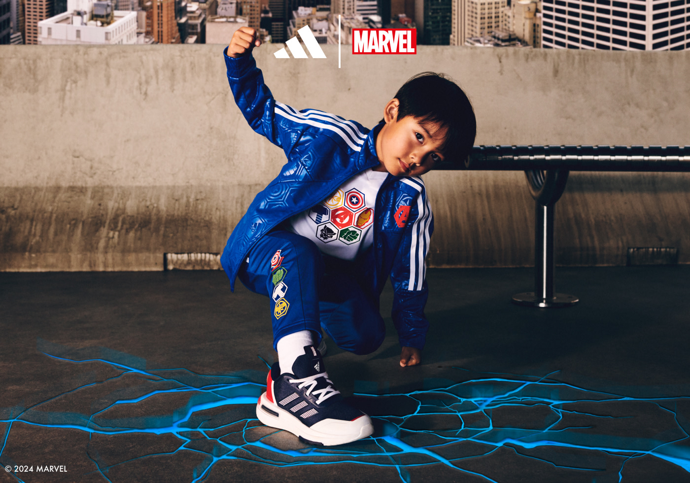 Child playing as superhero wearing the adidas | Avengers collection