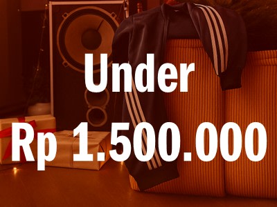The image shows a large speaker system with the text "Under Rp 1,500,000" displayed prominently in the foreground, indicating that the speaker system is priced under 1.5 million Indonesian Rupiah.