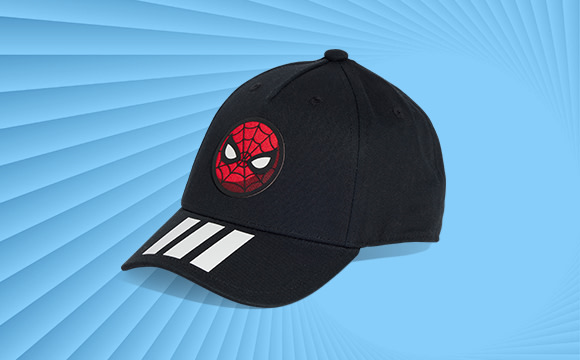 A black baseball cap with a Spider-Man logo on the front, set against a vibrant blue background with radiating lines.