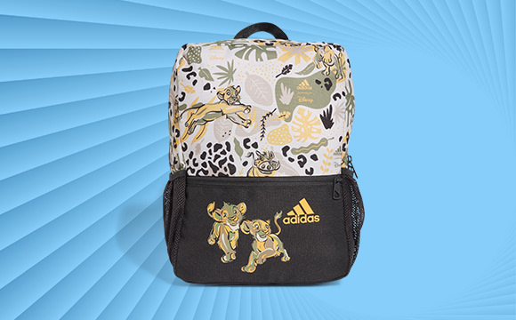A patterned backpack with a leopard print design and Adidas logo, set against a blue background with radiating lines.