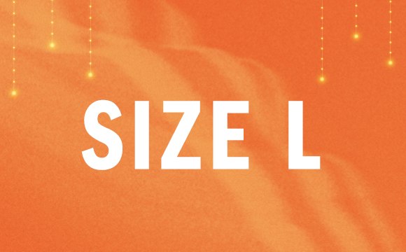 The image displays the text "SIZE L" against an orange background with a subtle sparkle effect.