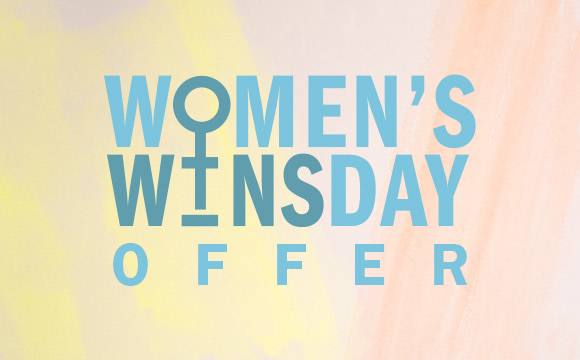 The image displays the text "WOMEN'S WEDNESDAY OFFER" in large, stylized lettering against a pastel yellow and orange background.