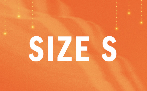 The image displays the text "SIZE S" against an orange background with a subtle sparkle effect.
