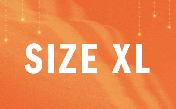 The image displays the text "SIZE XL" in large white letters against an orange background with a subtle sparkle effect.