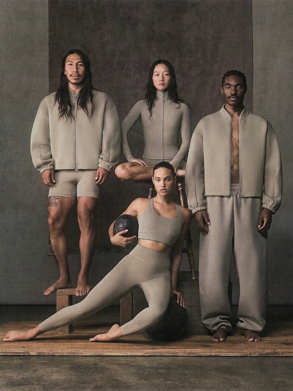 The image depicts a group of individuals in neutral-colored clothing posing together on a wooden platform against a plain background.