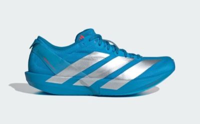 A vibrant blue and white athletic shoe with distinctive stripes and a sleek, modern design.