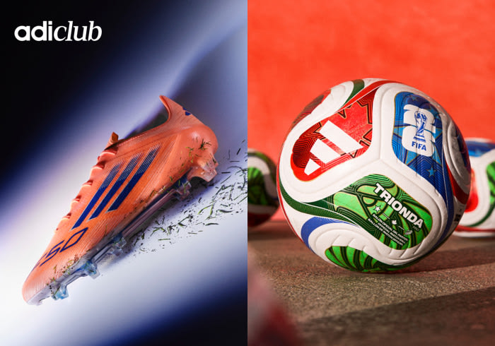 The image shows a soccer cleat on the left side and a soccer ball on the right side, both featuring vibrant colors and designs.