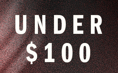 The image displays the text "UNDER $100" in large, bold letters against a textured, reddish-pink background.