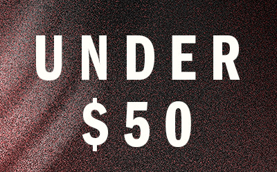The image displays the text "UNDER $50" against a textured, burgundy-colored background.