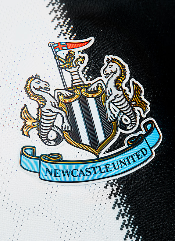 The image depicts the crest or logo of the Newcastle United football club, featuring a shield with two rearing horses, a crown, and the club's name written below.