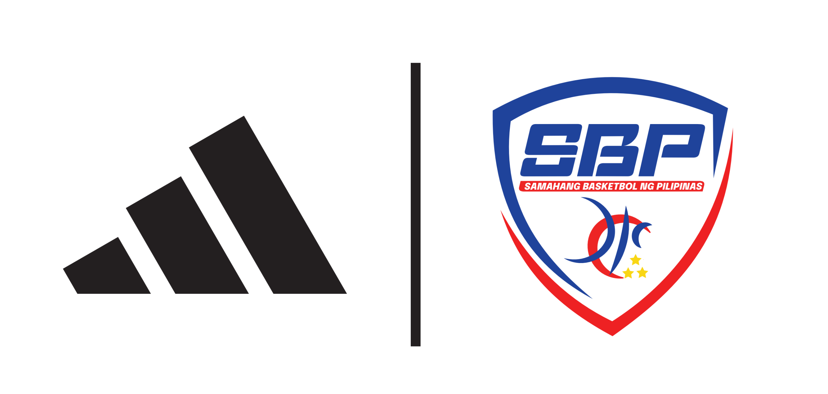 The image contains a black Adidas logo on the left side and a blue, red, and white shield-shaped logo on the right side, which appears to be the logo for the Samahang Basketball ng Pilipinas (SBP), the governing body for basketball in the Philippines.