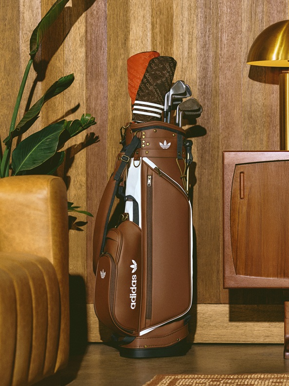 A golf bag with various clubs and accessories sits in a cozy, wooden-paneled room, surrounded by potted plants and a lamp, creating a warm and inviting atmosphere.