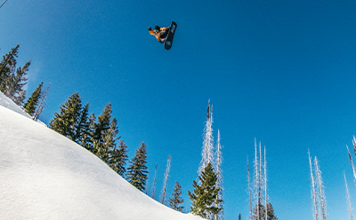 Snowboardista provádí letecký manévr na pozadí borovic a čisté modré oblohy.