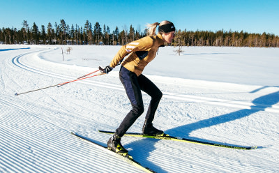 En person i en gul jacka åker skidor på en snötäckt skogsstig omgiven av ett skogslandskap under en klarblå himmel.